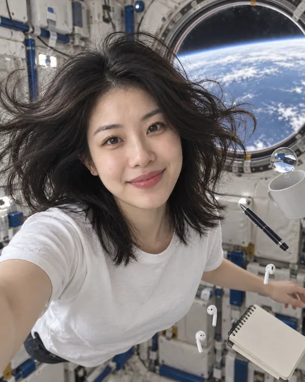Zero Gravity style: a woman floating inside a space station with Earth in the window