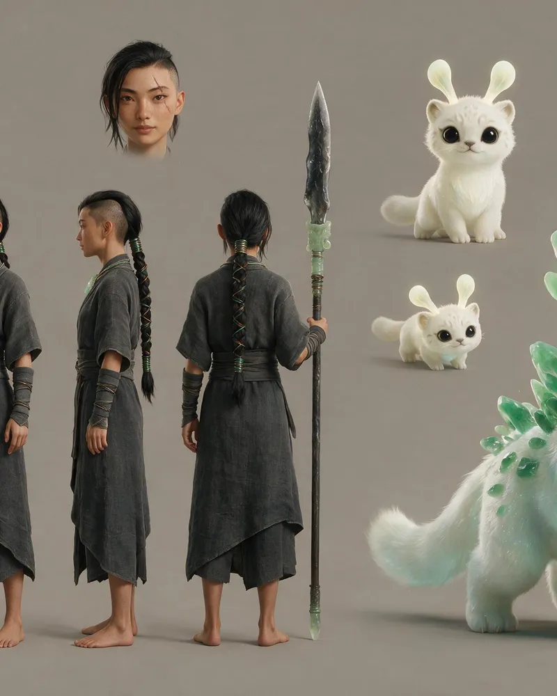 The reference: a character sheet of a young woman with a long braid and a spear, and a small white creature