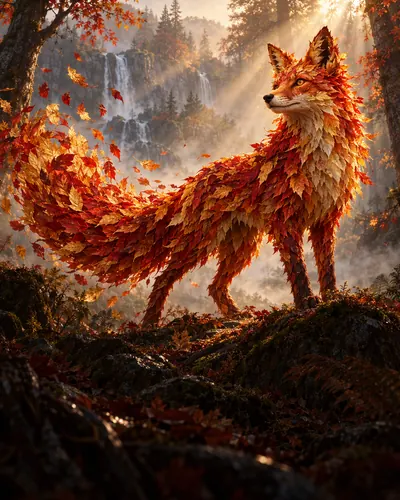 A fox made of autumn leaves in a forest, inside a 4:3 frame with empty space for AI to fill