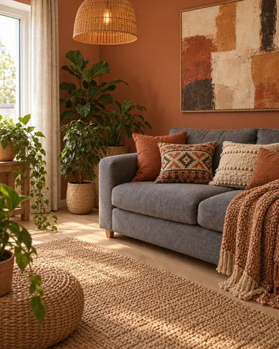 The same room after one prompt: a terracotta wall, a large abstract canvas, a rattan lamp, patterned cushions, a woven throw, a jute rug and more plants
