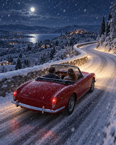 After the edit: the same car on the same road on a snowy winter night