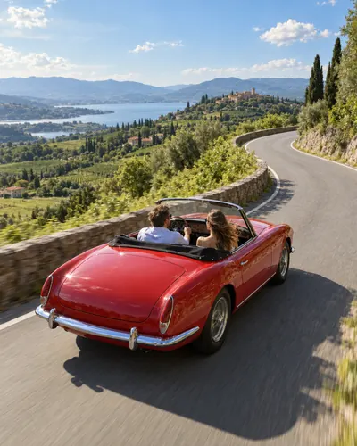 A red open top car on a hill road above a lake, inside a 16:9 frame with empty space for AI to fill