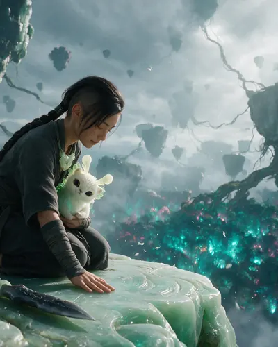 A girl holding a small white creature on a green stone ledge, inside a 2:3 frame with empty space for AI to fill