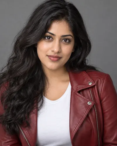 A woman with long dark hair in a red leather jacket, inside a 9:16 frame with empty space for AI to fill