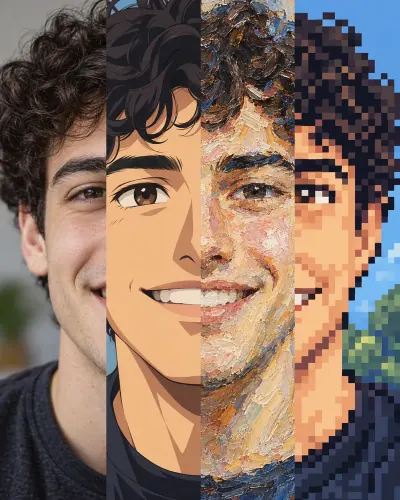 One face shown in four looks: a photo, anime, oil painting and pixel art