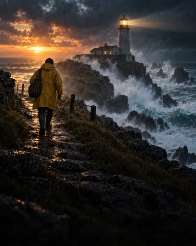 A hiker in a yellow coat walking to a lighthouse at sunset, inside a 2.35:1 frame with empty space for AI to fill