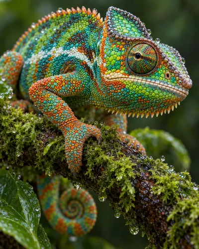 A green and orange chameleon on a mossy branch, inside a 1:1 frame with empty space for AI to fill