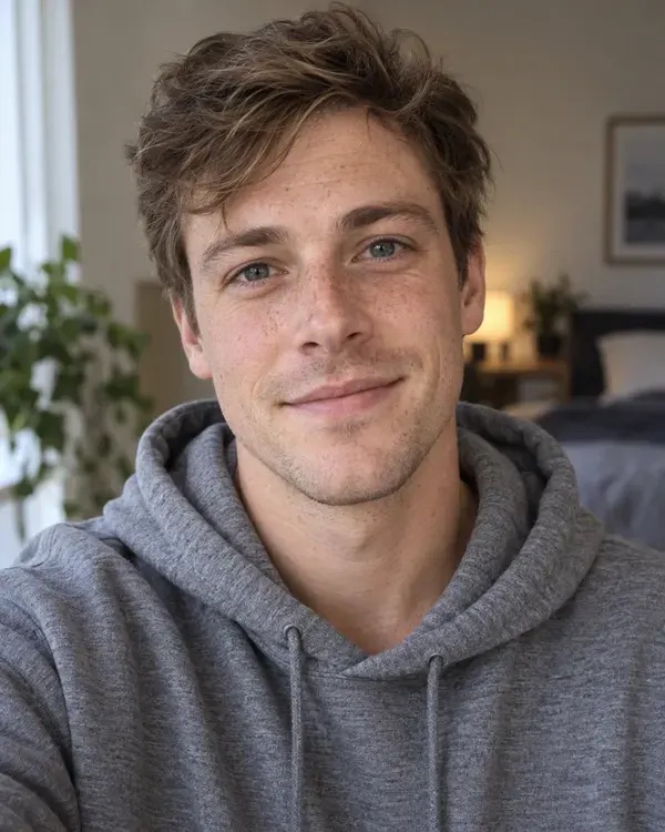 The photo this video was made from: a man in a grey hoodie