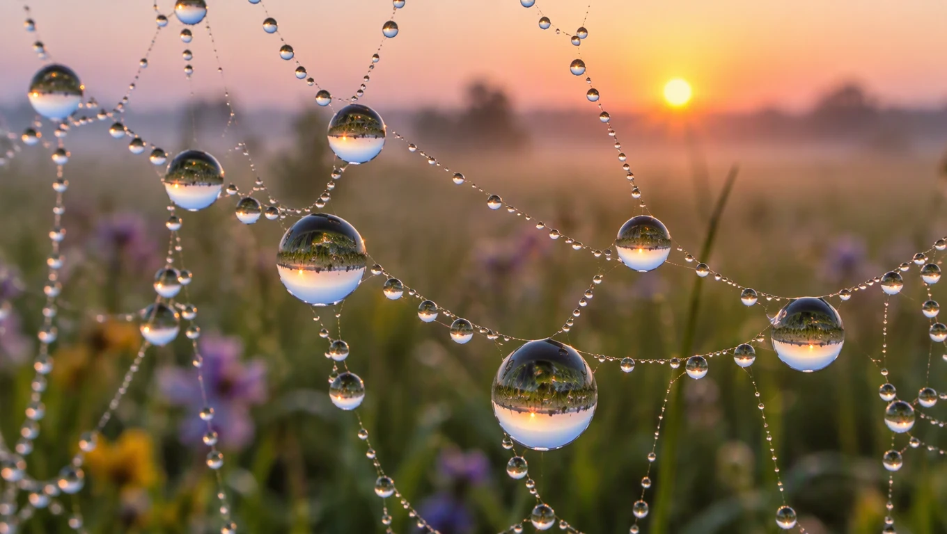 A macro photograph of a spider web covered in dew at sunrise, each droplet reflecting a tiny upside down meadow, soft pastel bokeh behind.