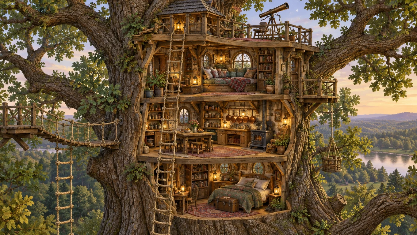 A cutaway illustration of a three level treehouse in a giant oak, rope ladders, a reading nook with cushions, a small kitchen with hanging copper pots and a telescope on the roof, detailed storybook style, no labels or text.