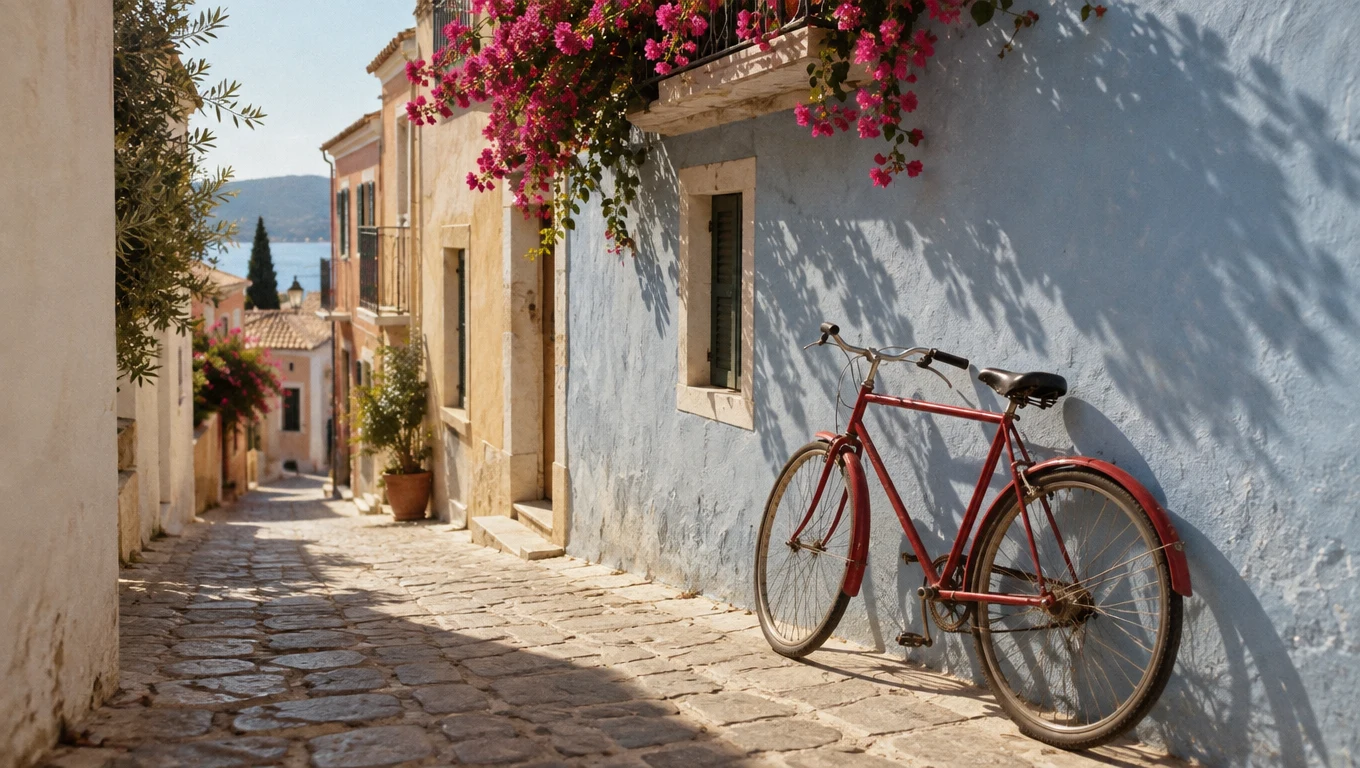 Good: a sharp photo of a red bicycle in a narrow street
