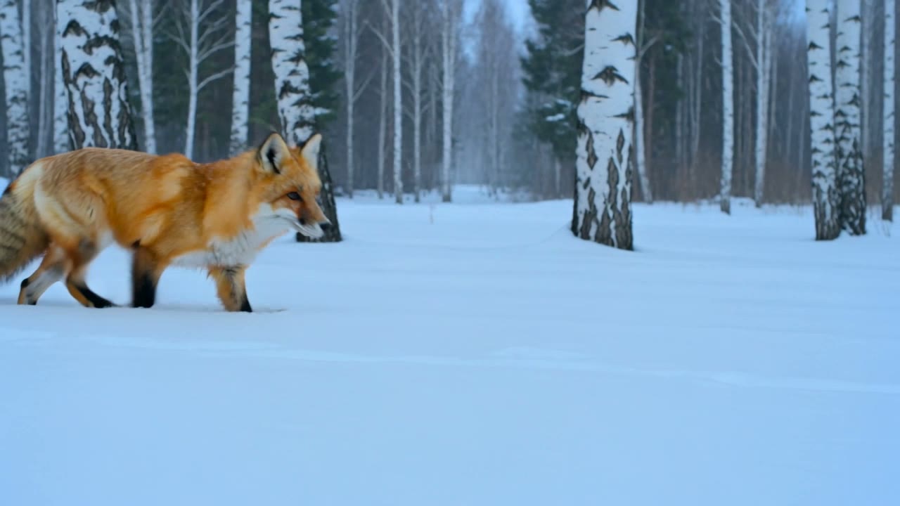 Kling V3 video: a red fox trots through fresh snow in a quiet birch forest while snowflakes fall, the camera tracks alongside it at ground level, soft blue winter light
