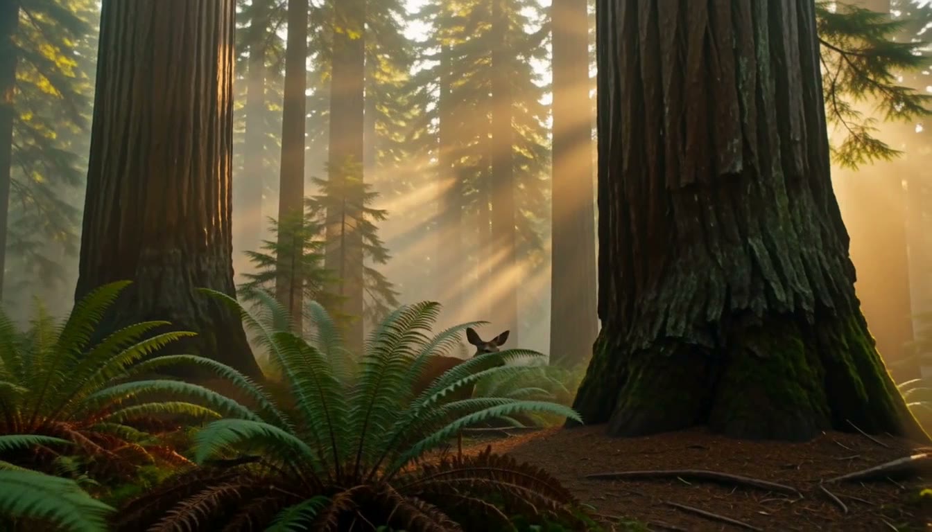 Fog rolling through a redwood forest, shafts of light between giant trunks, a deer stepping across the trail, a clip made with MiniMax H3 Max