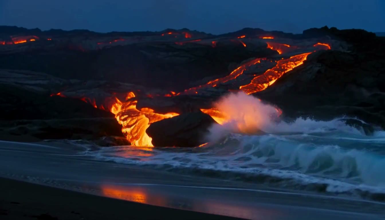 Lava flowing slowly into the sea at night, steam plumes glowing orange, waves crashing, a clip made with MiniMax H3 Max