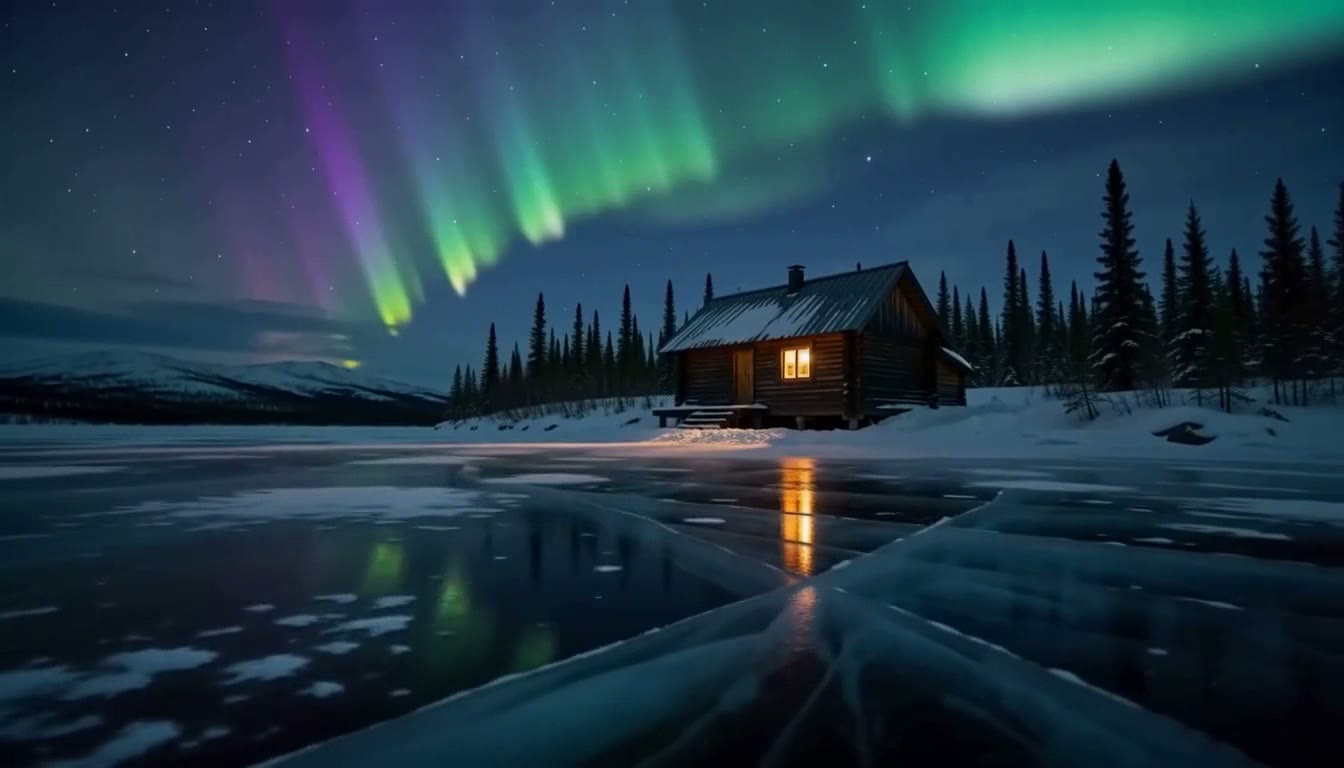 MiniMax H3 Max video: northern lights rippling over a frozen lake, a solitary cabin with a single warm window