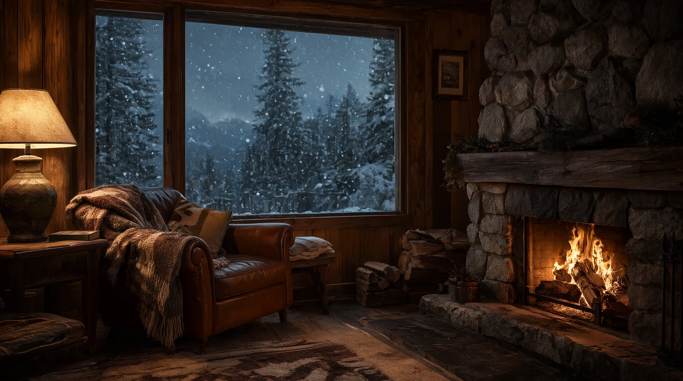 A cozy mountain cabin interior at dusk, a crackling stone fireplace, a wool blanket over a leather armchair, snow falling past a large window with pine trees outside, warm lamp light, photorealistic.