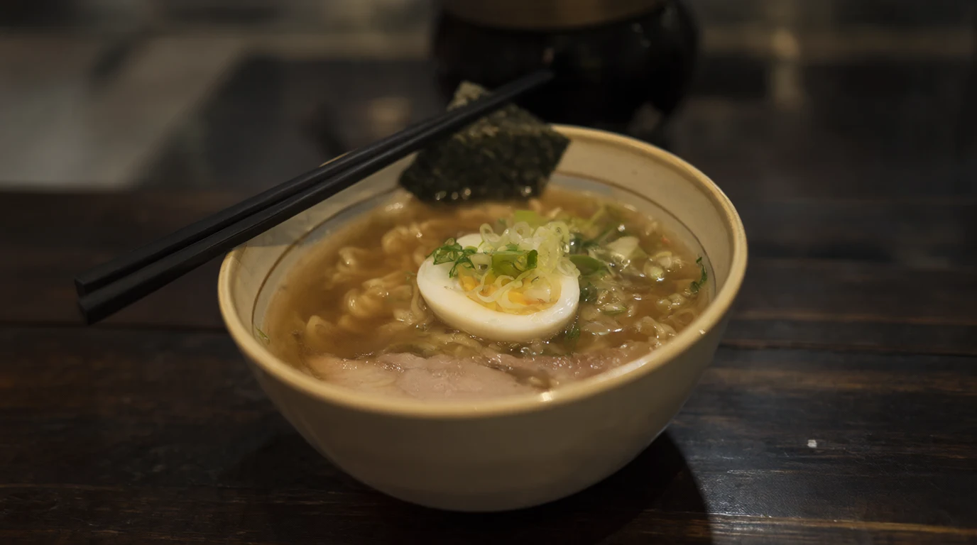 A bowl of steaming ramen on a dark wooden counter, a soft boiled egg, sliced green onions, nori and slices of pork, chopsticks resting on the rim, shallow depth of field, warm evening light.