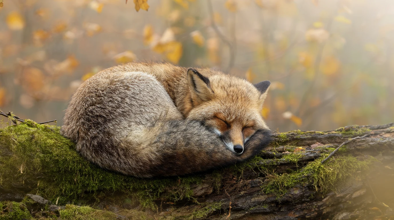 A red fox curled up asleep on a mossy log in a misty autumn forest, soft morning light through golden leaves, fine fur detail, wildlife photography.