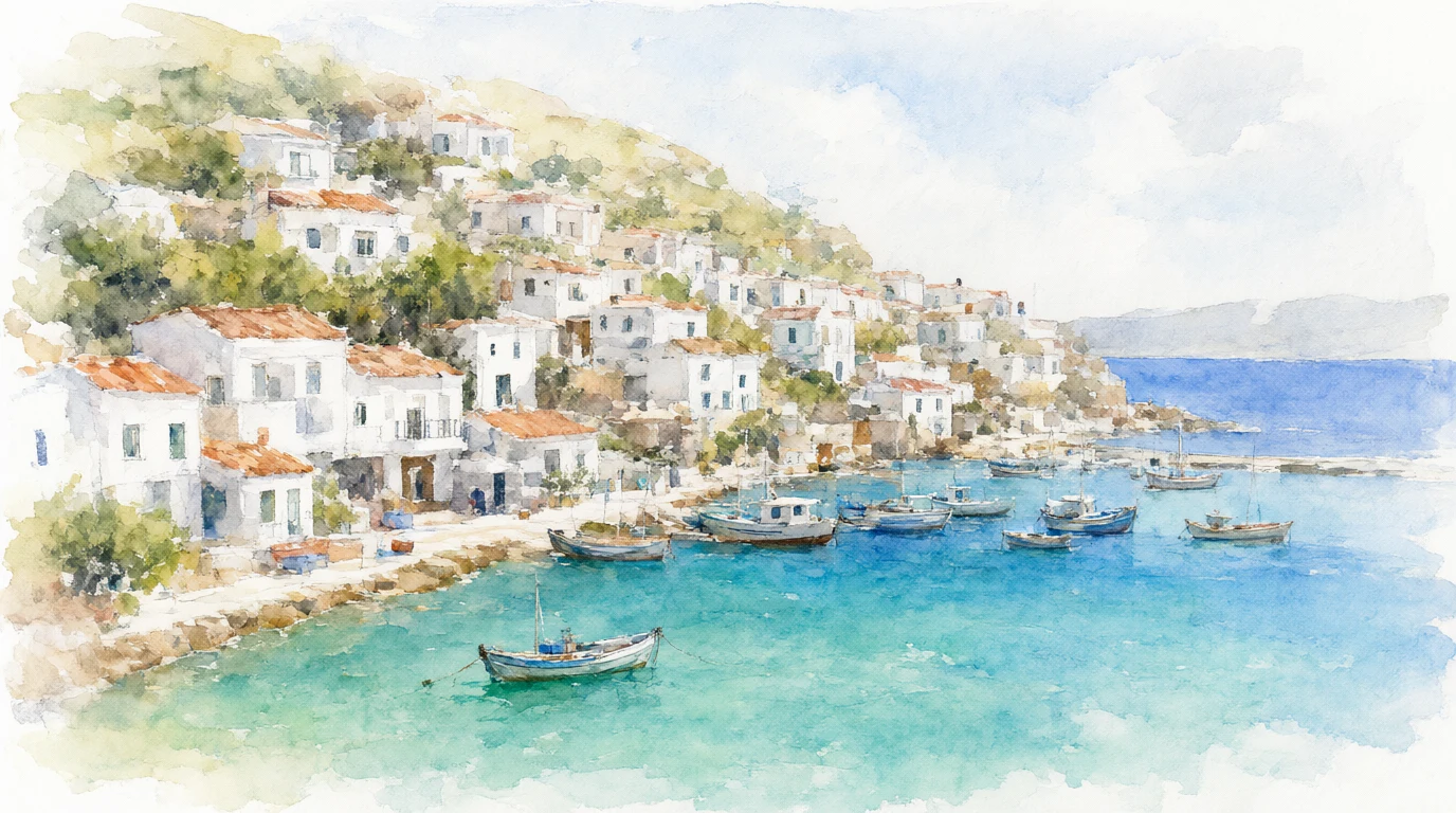 A watercolor painting of a coastal village with white houses stacked on a hillside above a turquoise bay, small fishing boats in the harbour, loose brush strokes and soft washes of color.