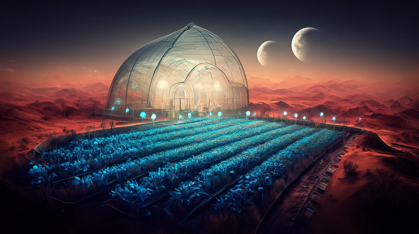 A glass greenhouse on a desert planet, rows of glowing blue plants under a domed roof, two moons rising over red dunes outside, cinematic concept art.