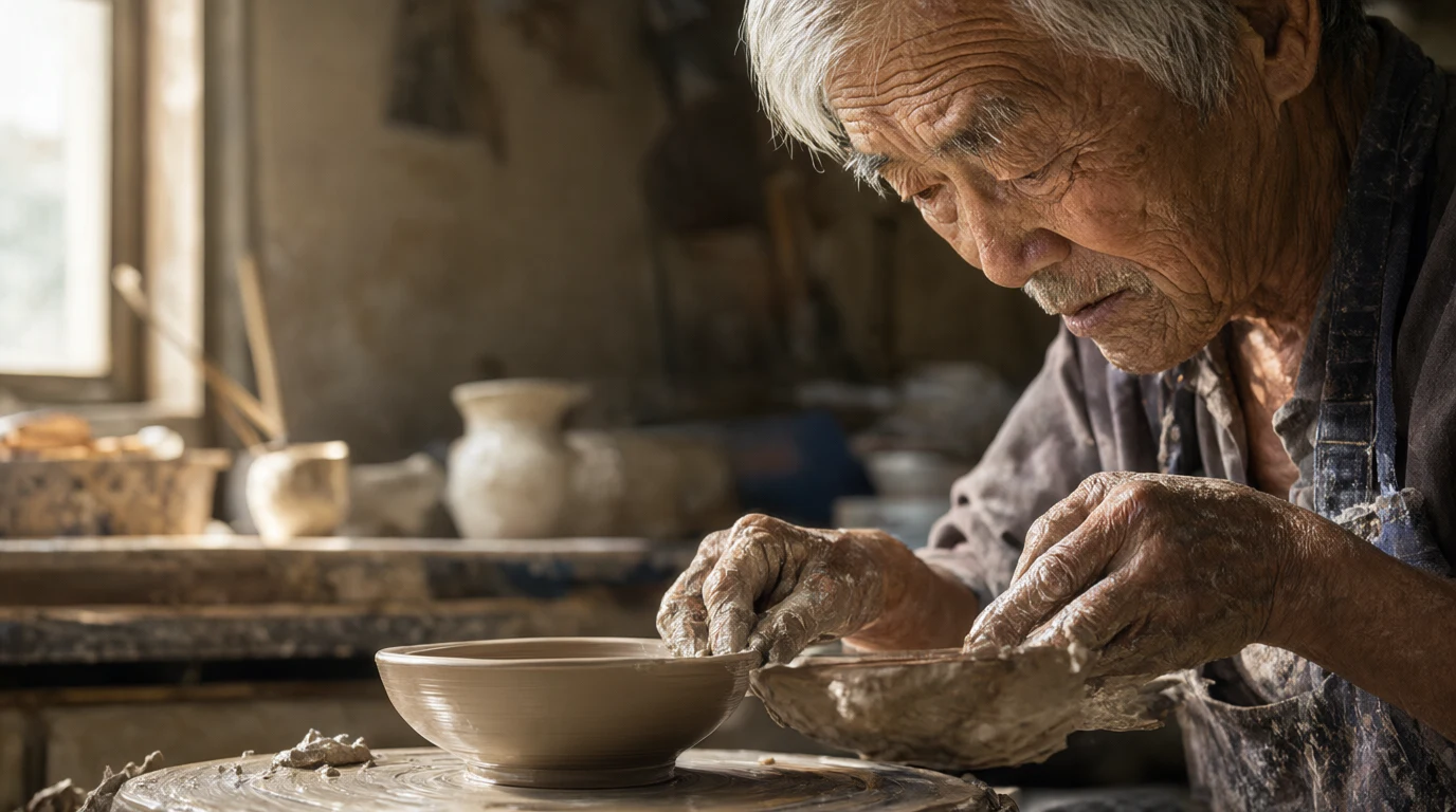 A portrait of an elderly potter with silver hair and clay covered hands shaping a bowl on a wheel in a sunlit workshop, deep wrinkles and fine skin texture, 85mm photograph.