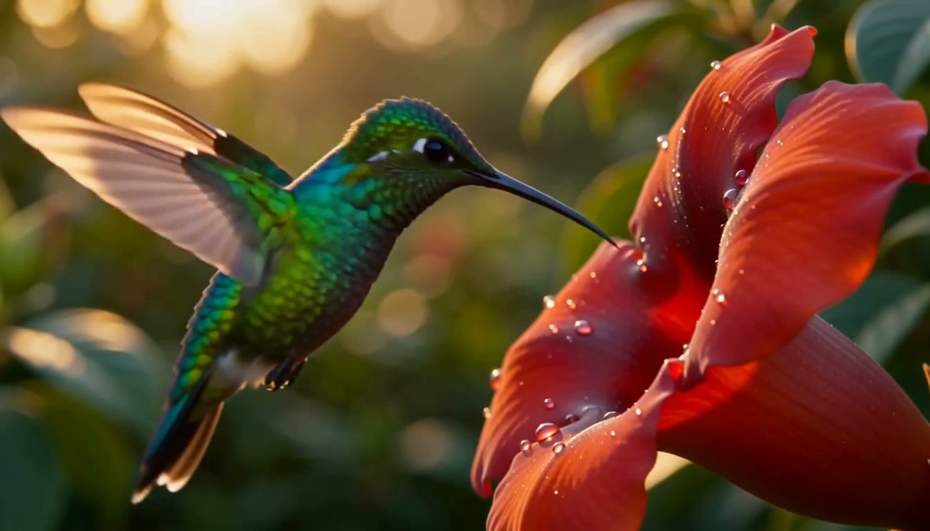 MiniMax H3 Max video: extreme close up of a hummingbird hovering at a red flower, every feather resolved, wings a soft blur