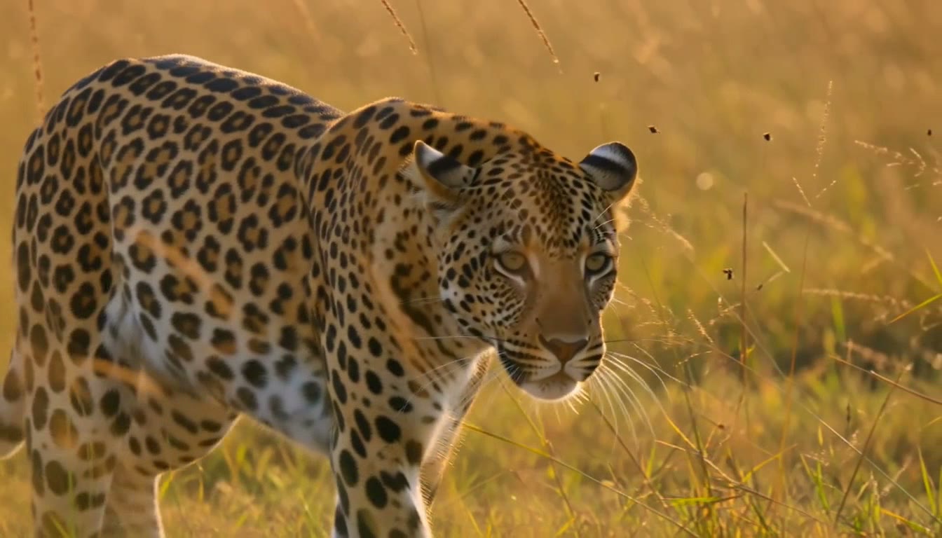 Good: a sharp video frame of a leopard walking through tall grass