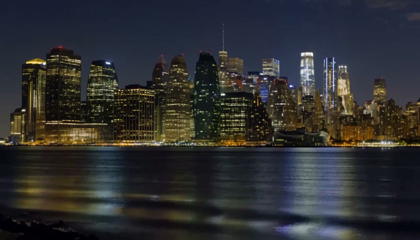 Good: a sharp video frame of a city skyline at night