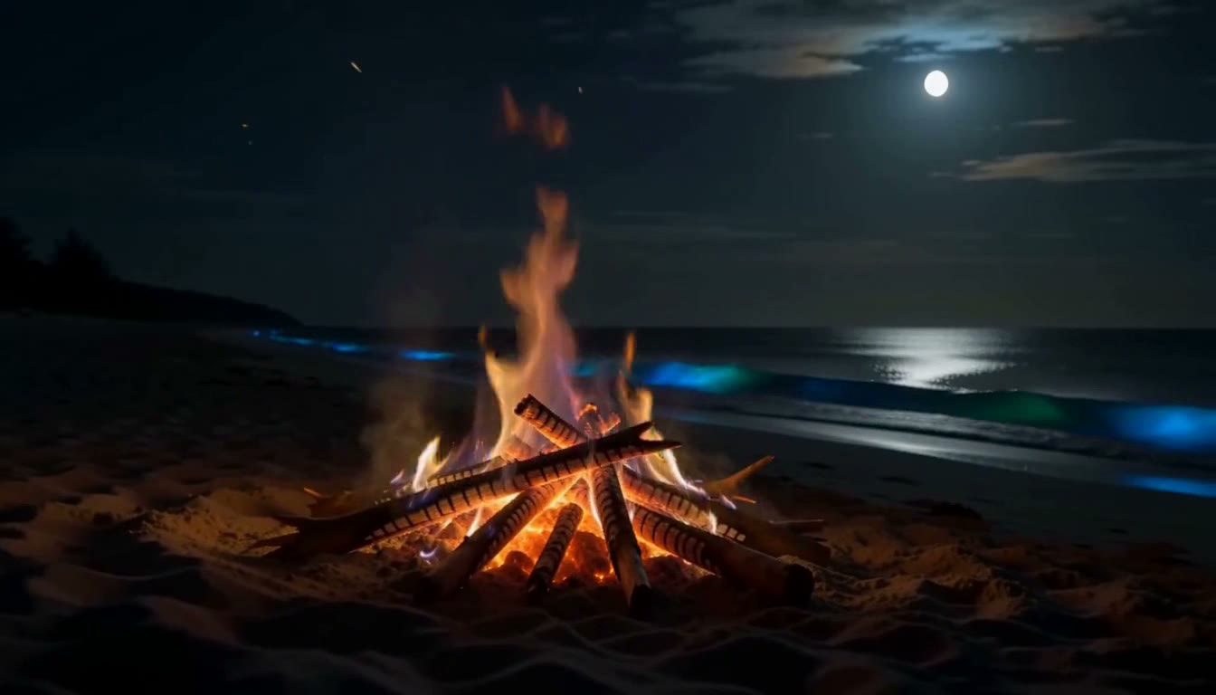A campfire on a beach at night, sparks rising, waves glowing under moonlight, a clip made with MiniMax H3 Max