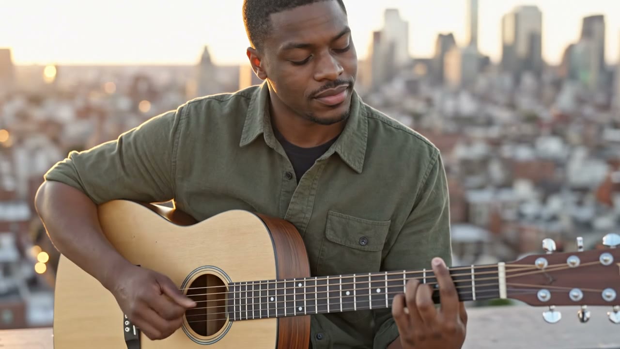 Veo 3.1 Reference video: the man from the reference image plays a plain wooden acoustic guitar on a rooftop at golden hour, eyes half closed as he strums, the city softly blurred behind him, slow push in