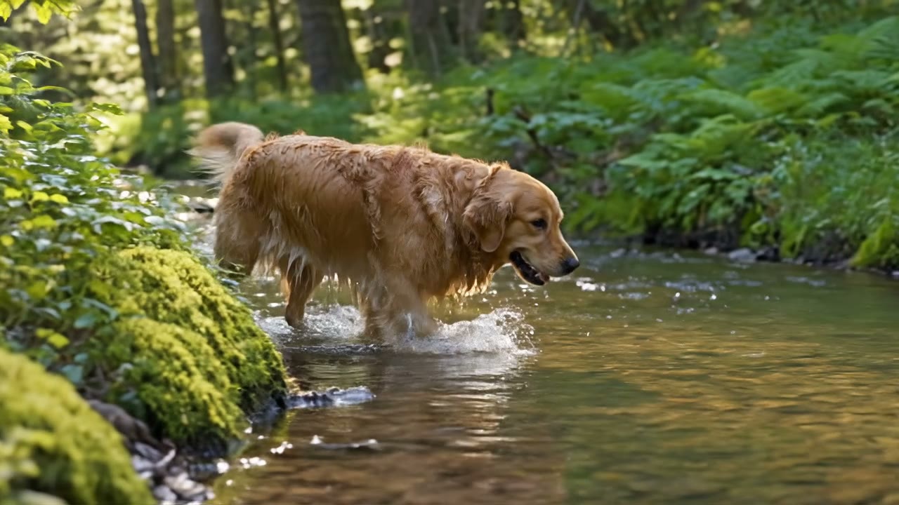 Veo 3.1 Reference video: the golden retriever from the reference image splashes through a shallow forest stream, stops and shakes the water from its coat in slow motion, sunlight streaming through the trees
