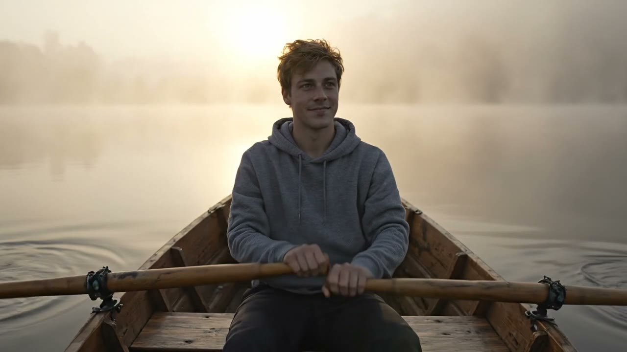 Veo 3.1 Reference video: the man from the reference image rows a small wooden boat across a misty lake at dawn, oars dipping into still water, the camera slowly circles the boat