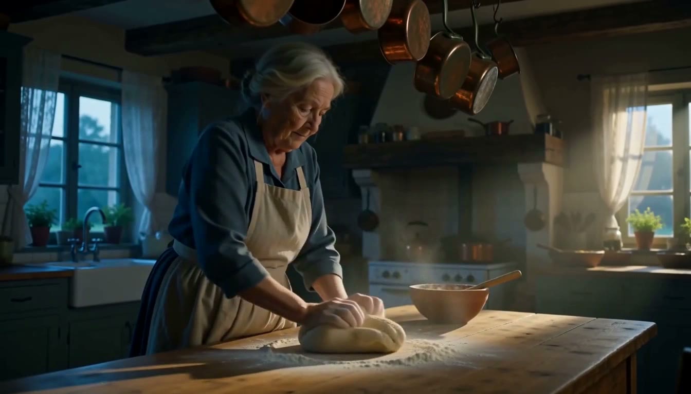 A grandmother kneading dough in a sunlit farmhouse kitchen, flour dust floating in the light, a clip made with MiniMax H3 Max