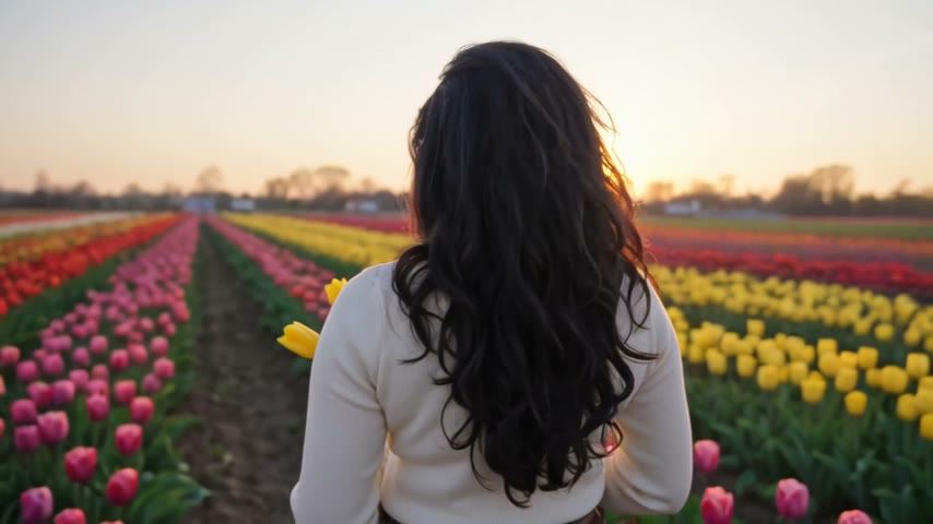 WAN 3.0 Reference video: the woman in Image 1 walks through a tulip field at golden hour holding a bunch of yellow tulips, then turns toward the camera and smiles, smooth tracking shot