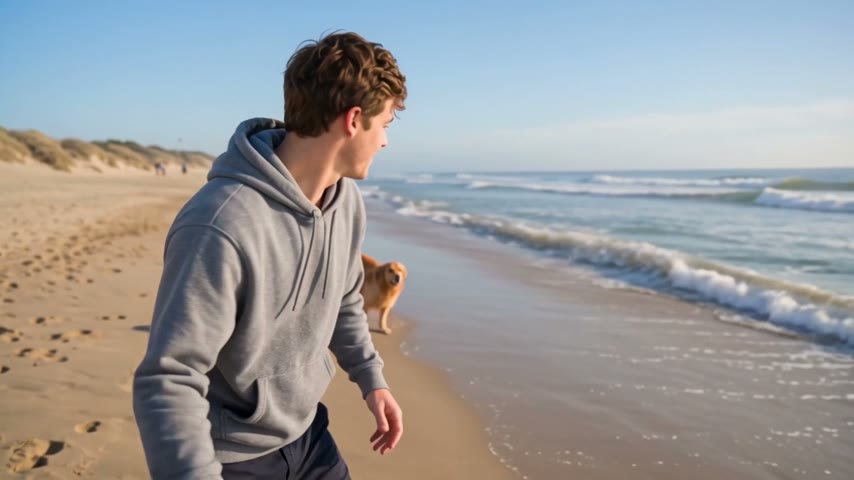 WAN 3.0 Reference video: the man in Image 1 throws a red ball along a sandy beach and the golden retriever in Image 2 races after it through the shallow waves, bright morning light, handheld camera