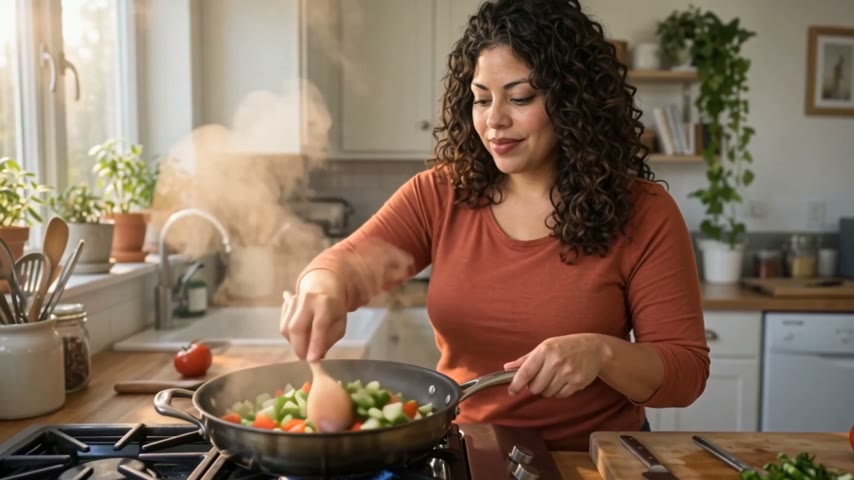 Cooking at home: a still from the clip made with WAN 3.0 Reference