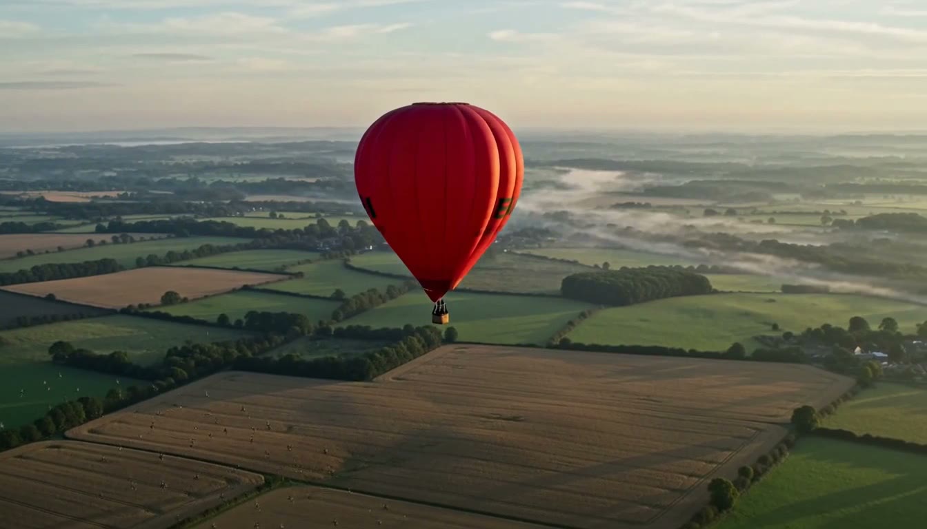 MiniMax H3 Max video: a red hot air balloon drifting over patchwork farmland, long morning shadows, a flock of birds crossing below