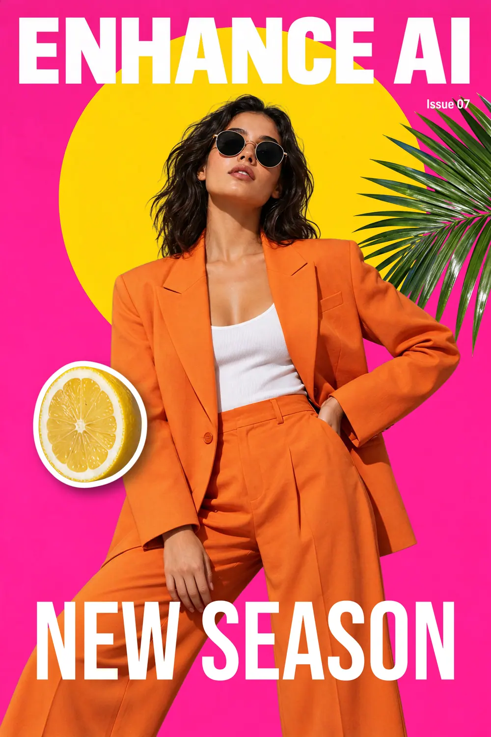 The same poster edited from its layers: a pink background, a larger sun, the palm moved to the right, a bigger lemon with a white outline moved to the left and the new headline NEW SEASON
