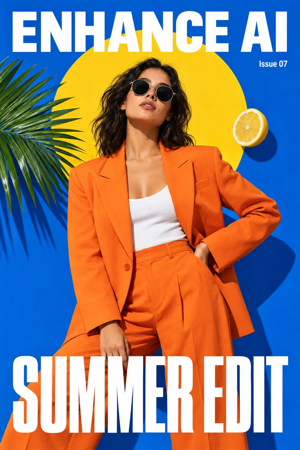 The original poster: a model in an orange suit in front of a yellow sun on a blue background, with the headline SUMMER EDIT