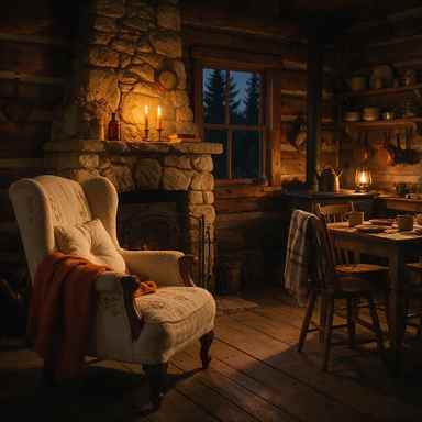 Low resolution 384 pixel photograph of a candlelit cabin interior with muddy crushed shadows