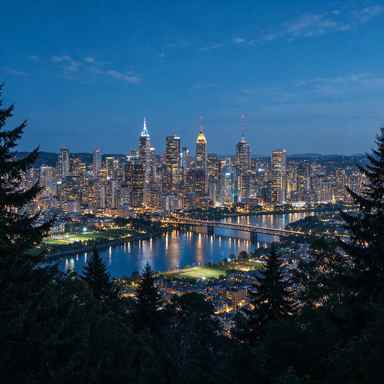 Low resolution 384 pixel photograph of a city skyline at dusk, windows blurred into orange smears