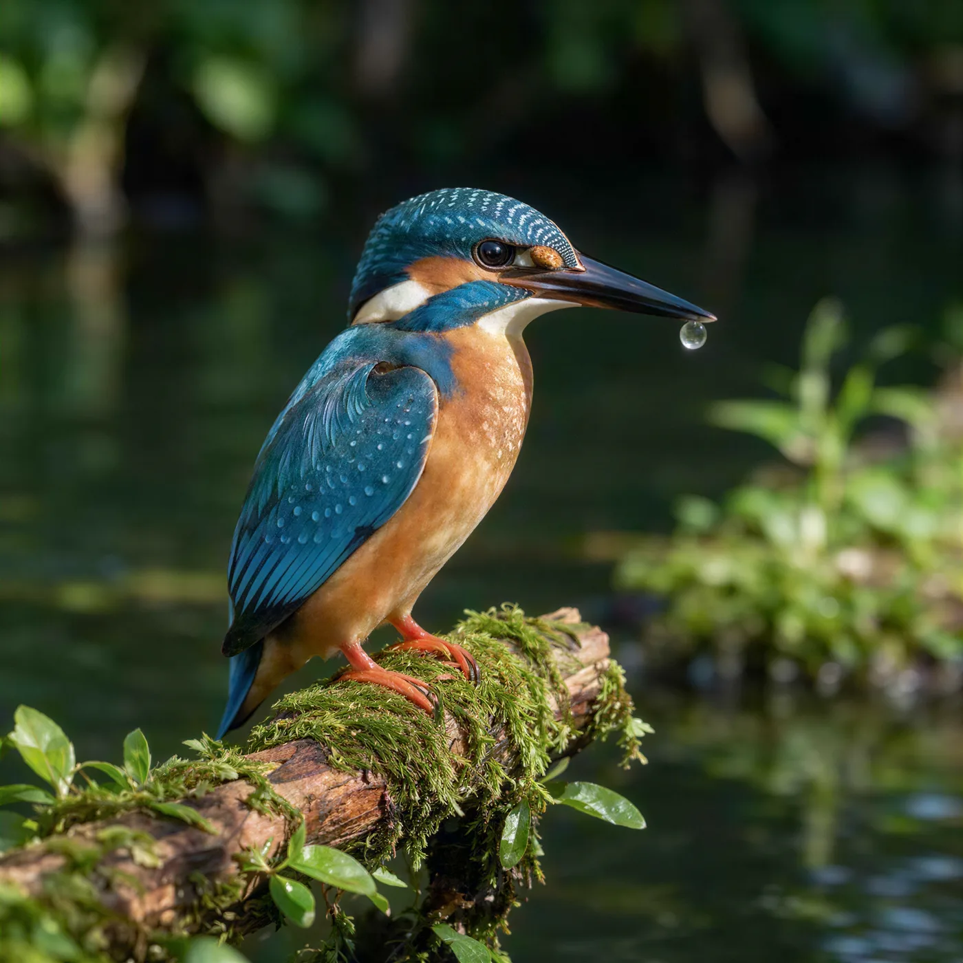 The same kingfisher rebuilt by Enhance AI with individual feather barbs and the beak droplet defined