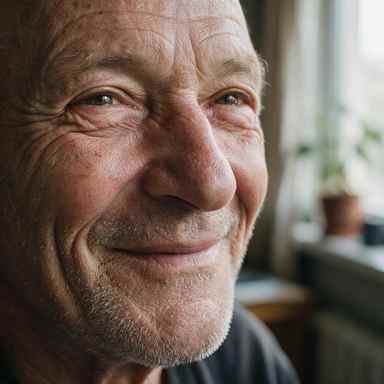 Low resolution 384 pixel photograph of a smiling older man, soft and heavily compressed