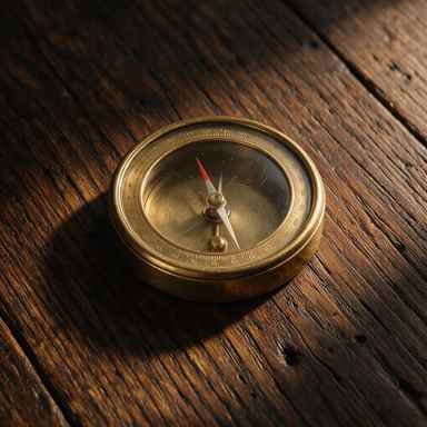 Low resolution 384 pixel photograph of a brass compass, the dial markings unreadable