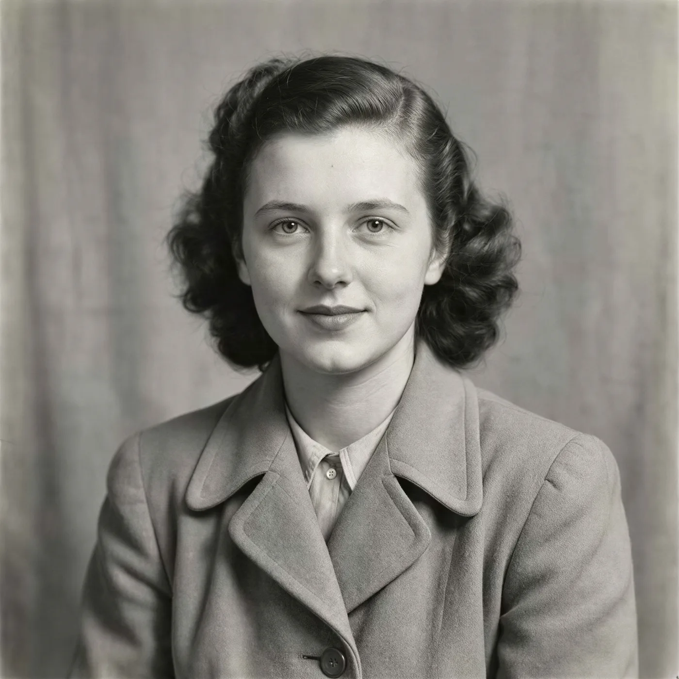 The same 1940s portrait rebuilt by Enhance AI with hair detail and the weave of the wool coat legible