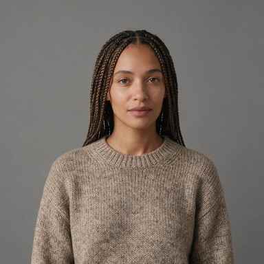 Low resolution 384 pixel studio portrait of a woman with braids, hair and knitwear blurred together