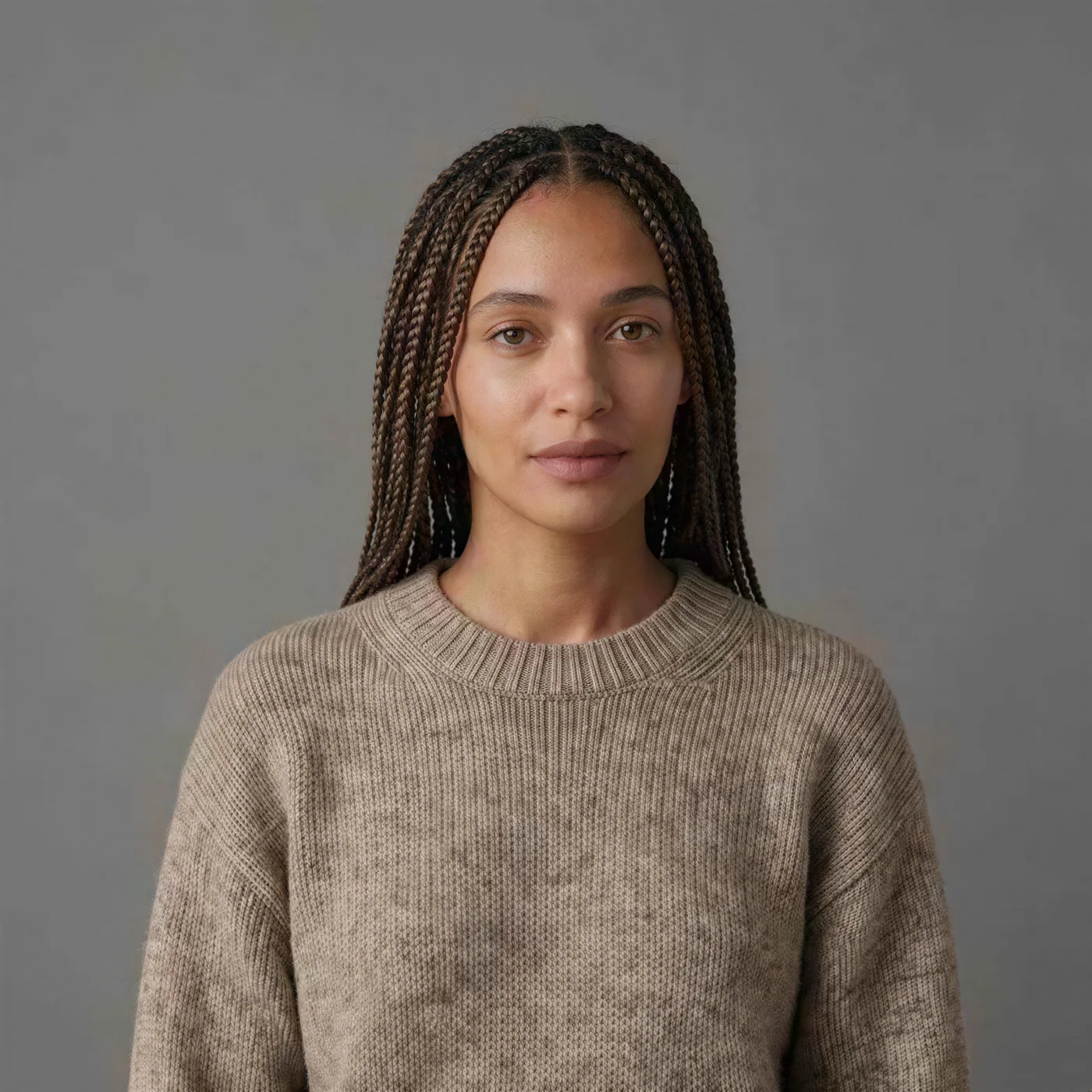The same portrait rebuilt by Enhance AI with each braid and the jumper's knit resolved