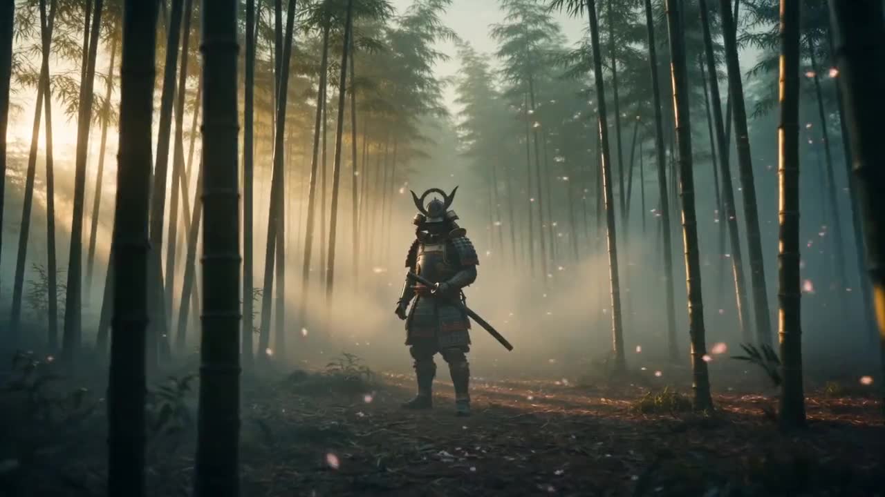 Lone warrior in a bamboo forest during a cherry blossom storm, AI video made with Enhance AI
