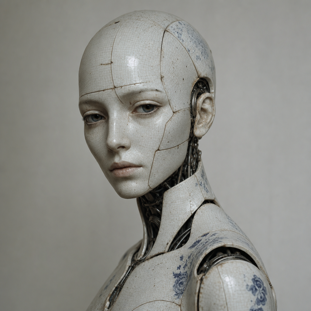 Editorial portrait of a ceramic android, soft studio light, AI artwork made on Imgica AI
