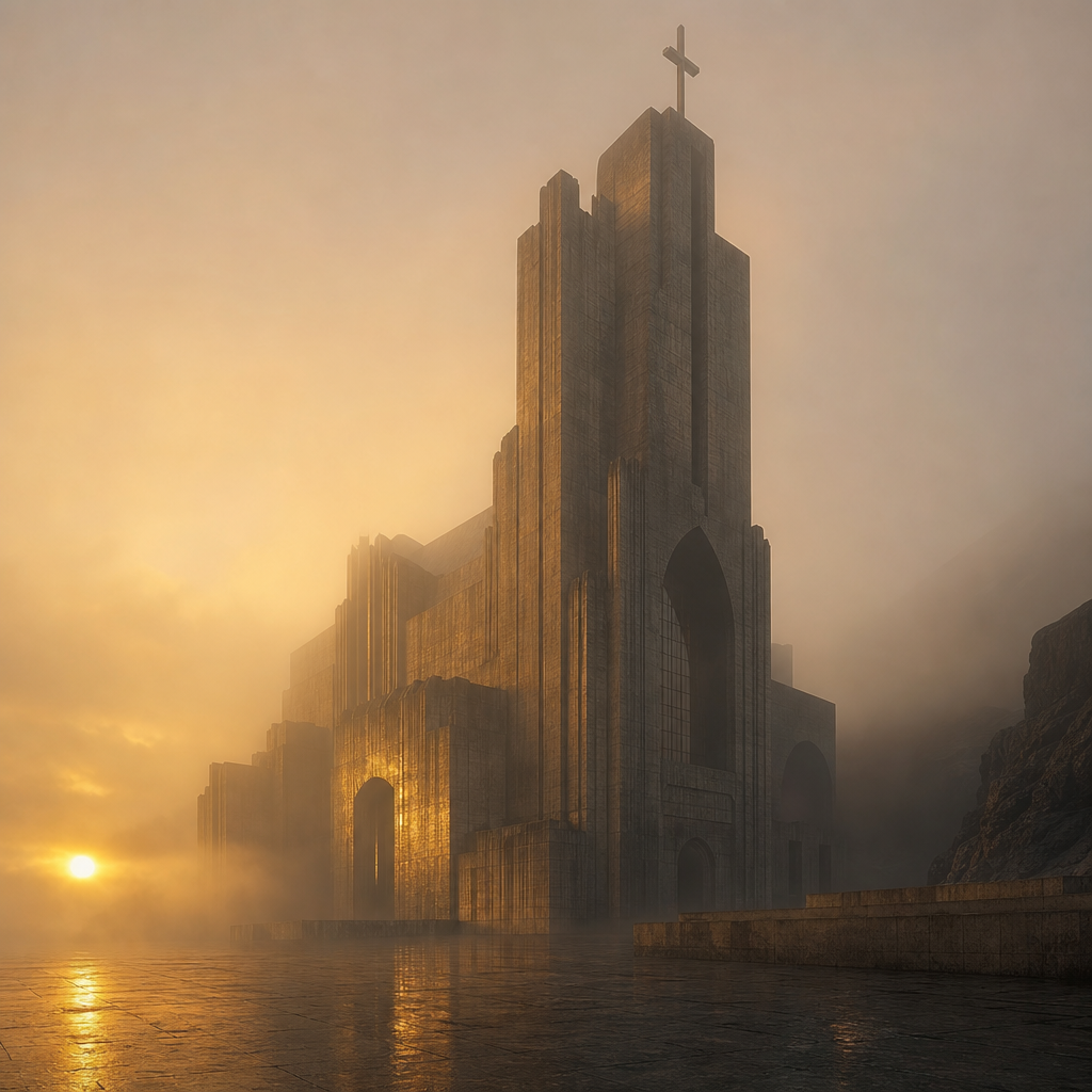 Brutalist cathedral in fog, golden hour, AI artwork made on Imgica AI